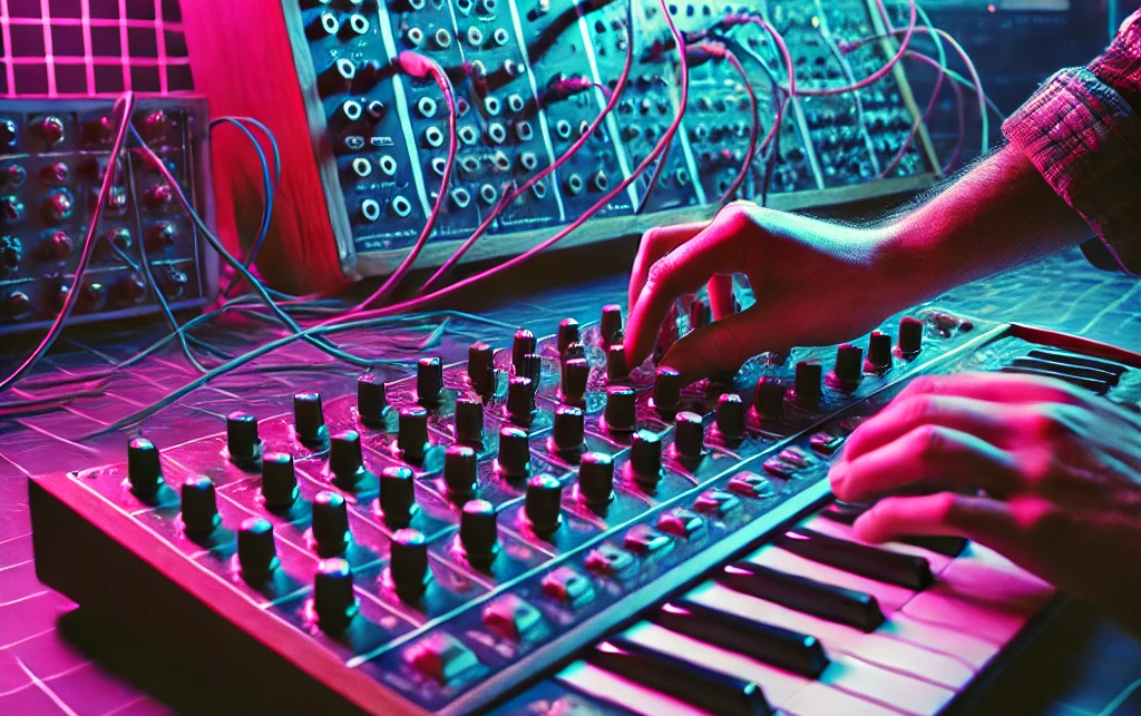 musician tweaking a synthwave keyboard and synthesizer.